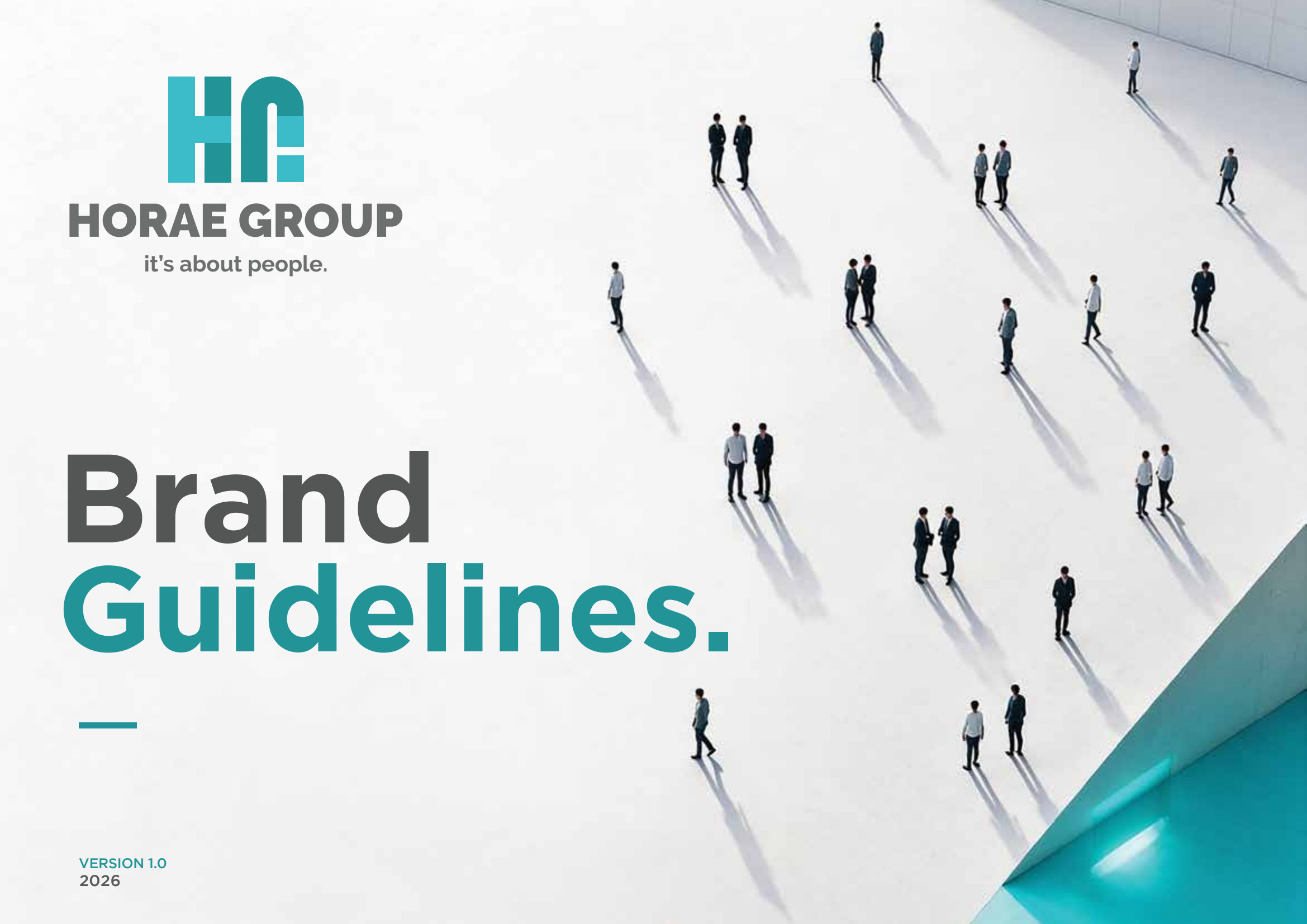 Horae Group brand guidelines cover with teal typography and architectural photography